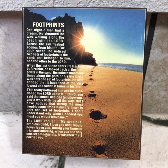 Wooden Trinket Box Jewelry Hinged Footprints Poem on Cover - Picture 1 of 9